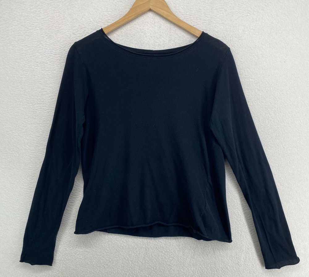 EILEEN FISHER Top S Cotton Fine Jersey Rolled Hem Round Neck Long Sleeve Navy